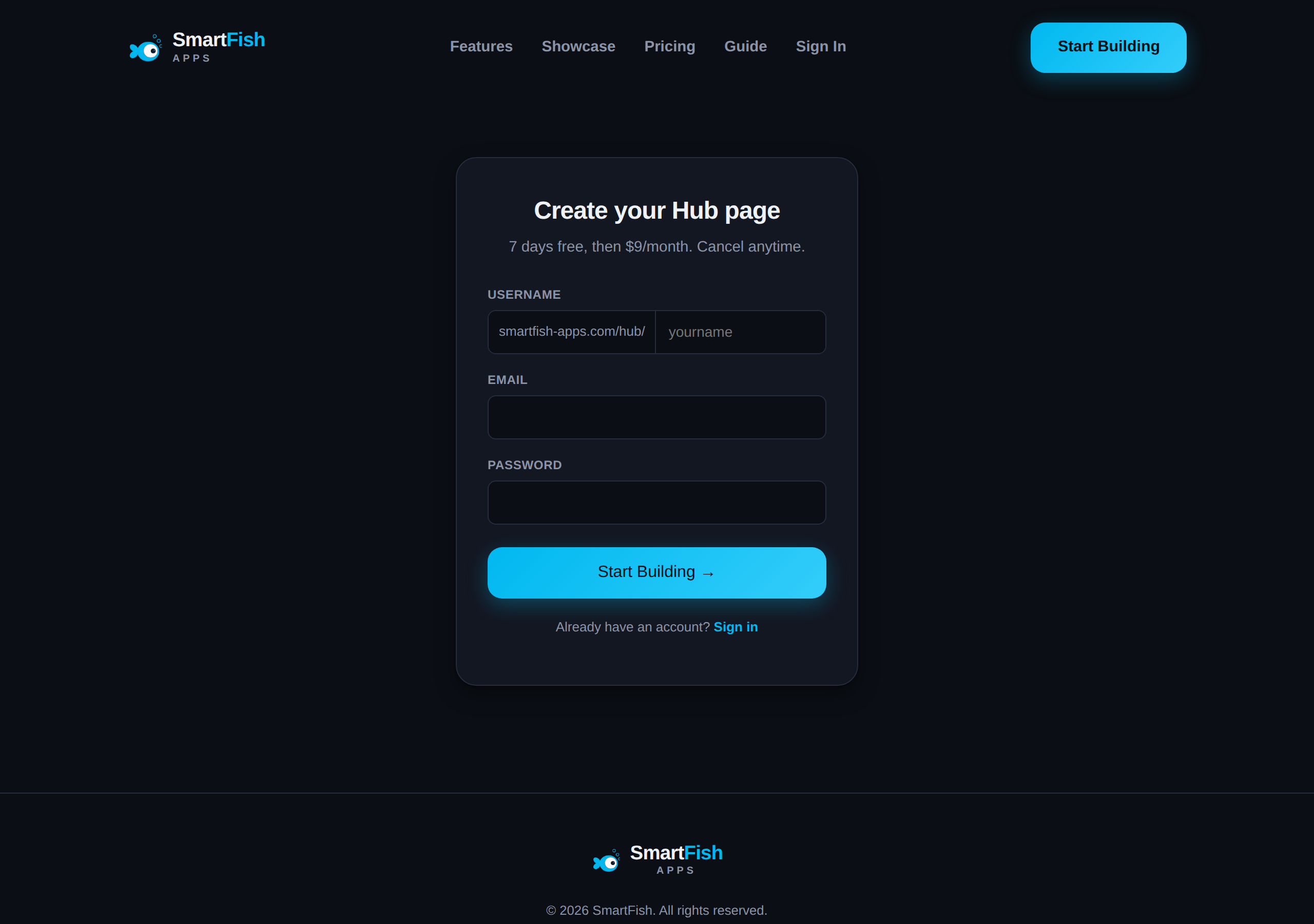 The real Smartfish Hub sign-up page